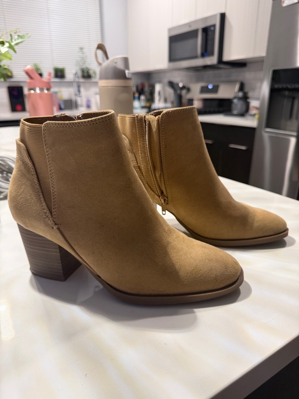 LC Lauren Conrad Tan Suede Ankle Booties with Stacked Heel